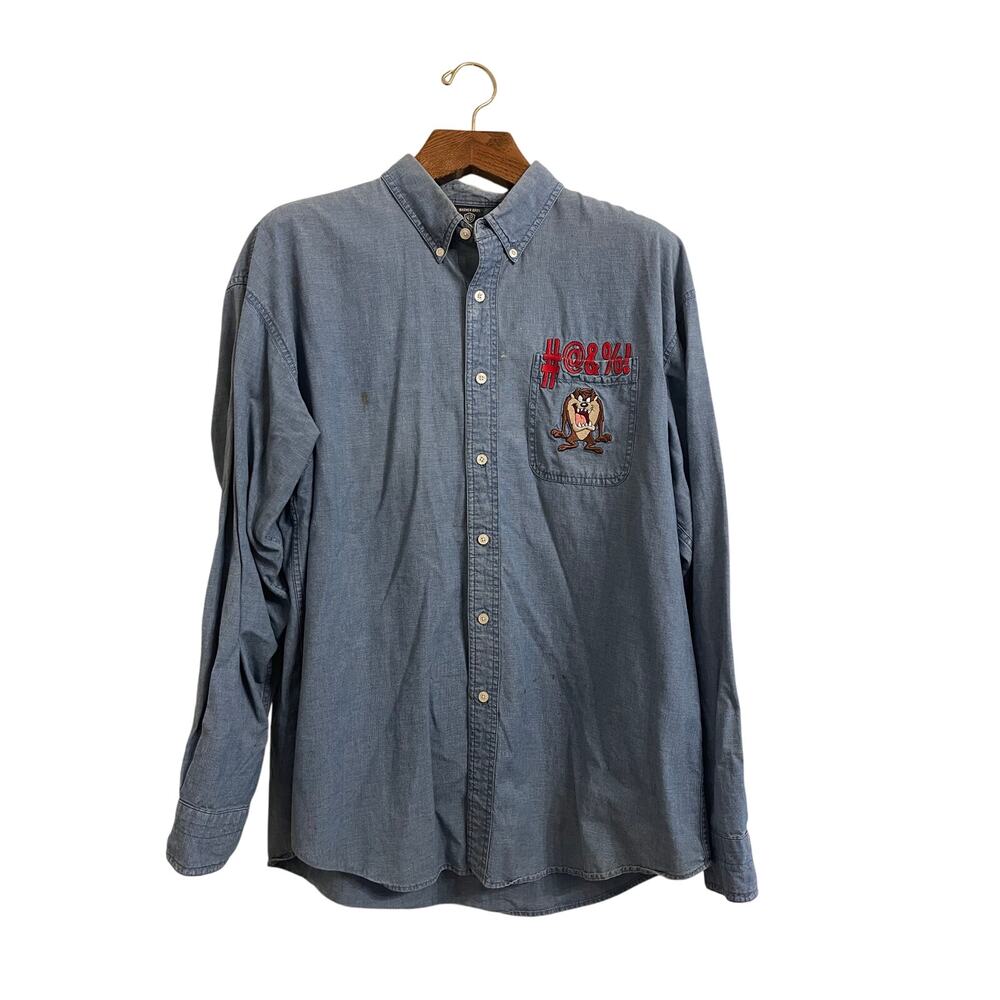 VTG 90s Warner Bros Denim Shirt Mens Size XL Button Up Blue Taz Looney Tunes - Picture 1 of 12